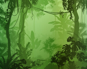 Beautiful background with a tropical forest and various plants. Jungle. Vector illustration, green tones.