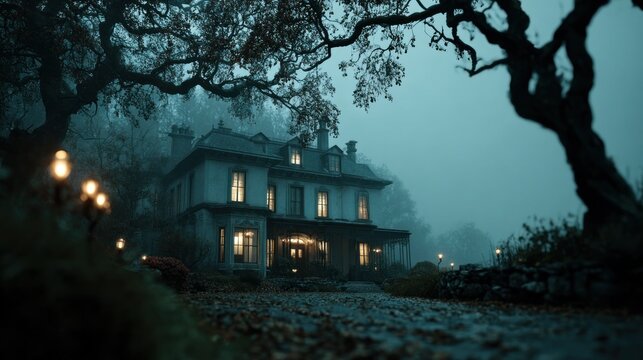 Spooky mansion in a foggy forest with lights creating a mysterious atmosphere - Powered by Adobe