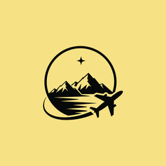 Adventure travel icon featuring mountains airplane lake and star in circular frame