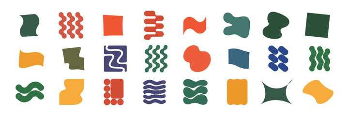 A collection of abstract organic shapes and geometric forms in various colors and patterns, isolated on a transparent background