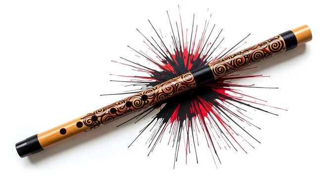 Decorative Wooden Indian Flute on Abstract Paint Splash Background, Traditional Musical Instrument Represents Creativity and Artistic Expression

