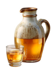 Ceramic jug filled with apple cider beside small glass isolated on transparent background for autumn beverages