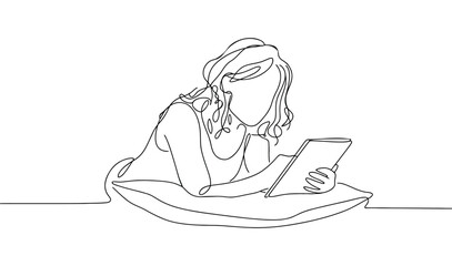 Minimalist line art of person lying down reading tablet or book, continuous single-line drawing symbolizing relaxation, focus, and leisure