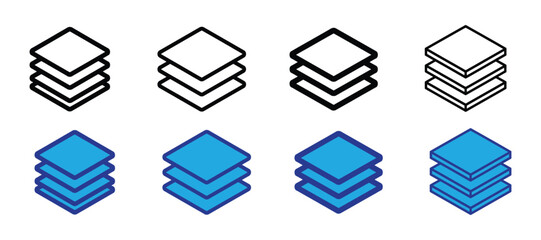Set of four isometric icons representing stacked layers, two in outline and two in blue fill, isolated on transparent background