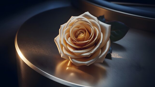 Elegant single golden rose presented on a sleek metallic surface with soft spotlight creating a luxurious ambiance, perfect for romance and celebration themes.