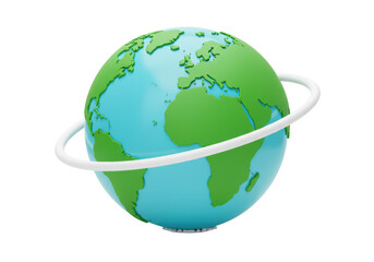 Isolated 3D model of planet Earth with continents and ocean, orbital ring around globe