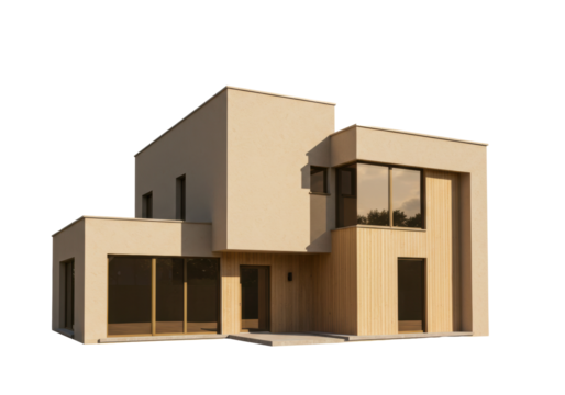 Isolated stylish modern house exterior with light beige stucco walls and wood cladding facade