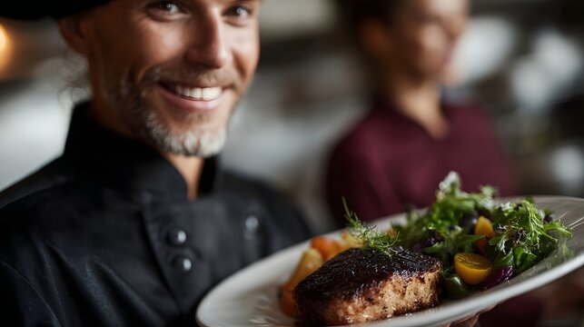 A smiling chef in uniform presents a gourmet meat dish with fresh salad and vegetables - Powered by Adobe