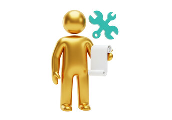 Isolated Golden Technician Holding a Scroll with Tools Icon Symbol Suggesting Repair Help
