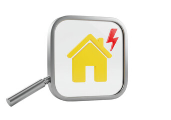 Isolated House struck by lightning under magnifying glass, energy, power, search concept