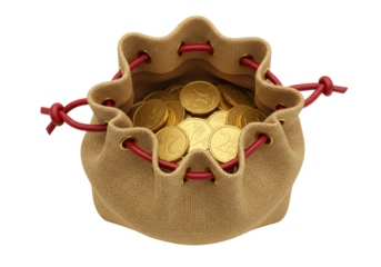 Isolated pouch of gold coins two Euro currency wealth, savings, investment, economy or financial fund