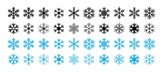 Collection of various black and blue snowflake icons isolated on transparent background