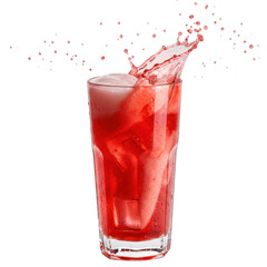 Refreshing red soda drink with ice and splash isolated on transparent background