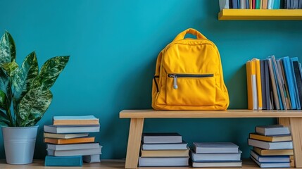 Yellow backpack sits atop a wooden shelf with books and plants in a teal room.