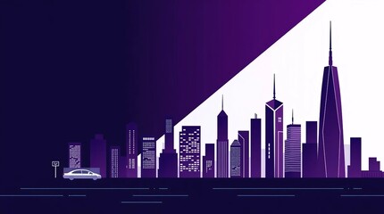 purple city skyline silhouette with modern skyscrapers and futuristic gradient background