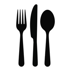 Black silhouette icons of fork, knife, and spoon aligned vertically, minimalist cutlery illustration for dining, kitchen, or food design