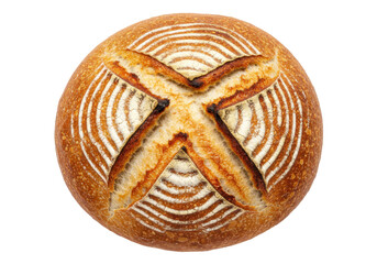 Isolated loaf of sourdough bread crust with scored X pattern golden brown ready to eat