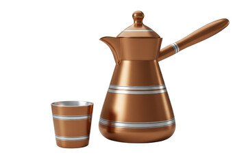 Isolated Copper Coffee Pot and Matching Cup for Turkish Coffee Service in Minimalist Style