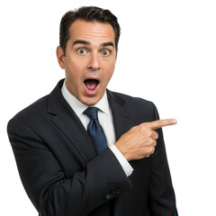 Surprised businessman pointing isolated on transparent background