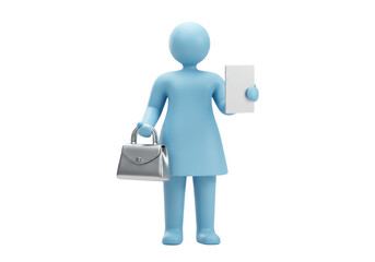 Isolated woman figure holding tablet and purse, businesswoman, feminine style render