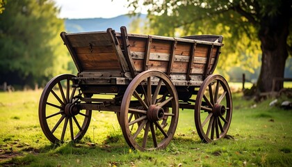 Fototapeta premium Aged wooden wagon in a grassy field at sunset