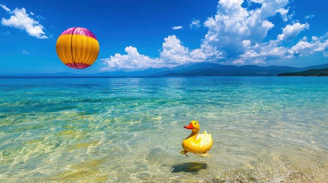 Beach scene  yellow duck and ball in turquoise water