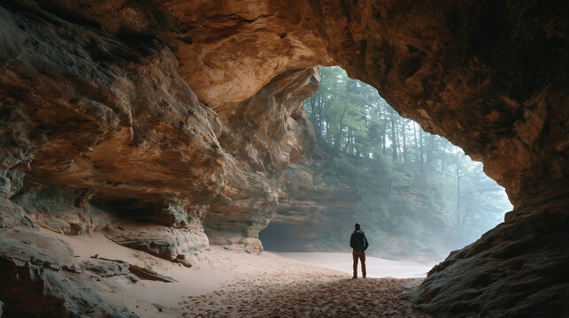 Man standing in front of a cave entrance.