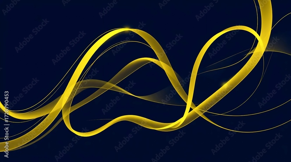 Poster dynamic yellow flowing wave lines on dark background in futuristic abstract design concept