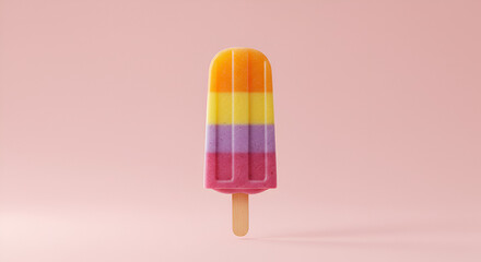 Colorful popsicle with orange, yellow, purple and pink layers on a pink backdrop