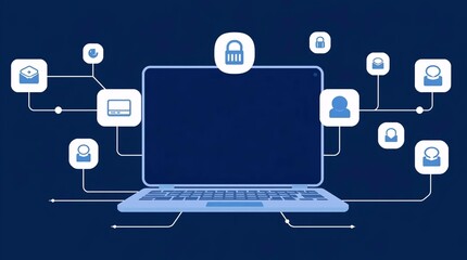 secure laptop computer illustration with digital padlock and connected social media icons