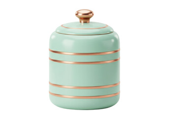 Isolated modern mint green ceramic kitchen storage jar with copper trim and knob on lid