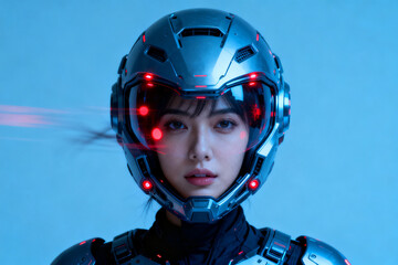 Person wearing futuristic helmet with red LED lights and high-tech armor in a sci-fi setting