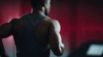 Muscular athlete running on a treadmill overlaid with a red cardiograph waveform indicating pulse and exertion