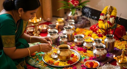 Woman arranging silverware and brass vessels for Lakshmi puja, gleaming surfaces, flower petals.