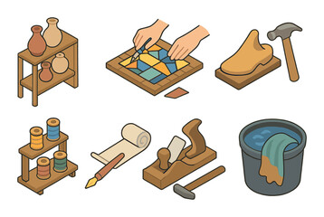Artisan tools: pottery, mosaic, sculpting, sewing, carpentry, dyeing