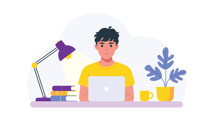 Person working on laptop at desk with books, coffee, and plant, cozy workspace illustration symbolizing study, focus, and remote work