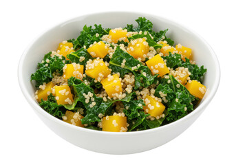Isolated bowl of kale salad with quinoa and mango chunks, healthy and nutritious lunch food