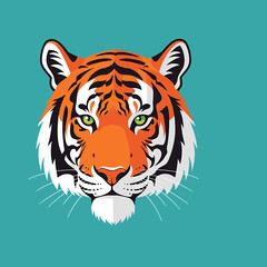 Graphic illustration of a tiger's head with orange and black stripes, set against a teal background.