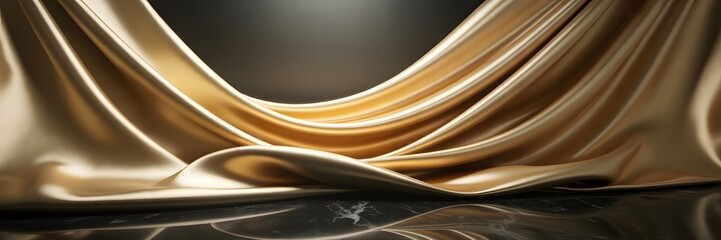 Elegant golden silk fabric draped over a dark marble surface, creating a luxurious and sophisticated background