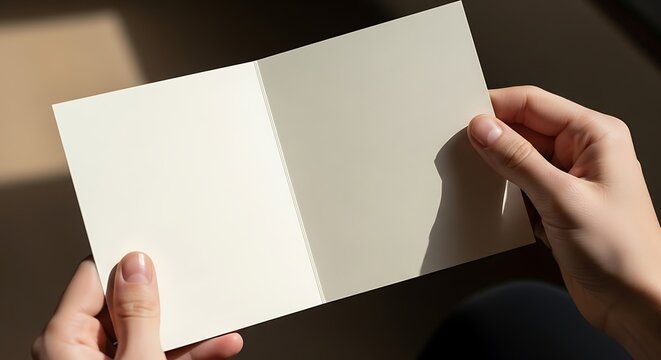 Hands holding a blank card illuminated by a soft light, personal message