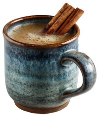 Ceramic mug filled with hot apple cider topped with cinnamon stick isolated on transparent background beverage