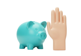Isolated Turquoise piggy bank near a human hand, conceptual financial saving wealth metaphor