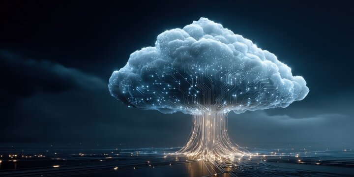 Futuristic cloud computing concept with glowing circuit tree representing data storage and network connection in a dark, abstract environment