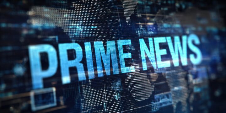 Dynamic Prime News graphic with digital world map background, perfect for news broadcasts, media, and global information