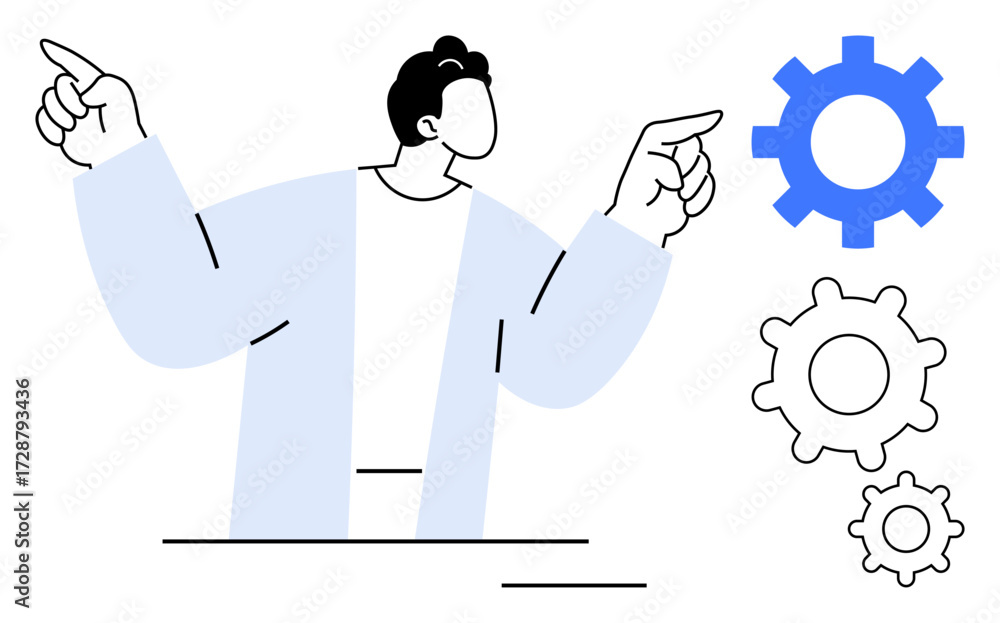 Poster person gesturing with both hands at three gears of varying sizes representing teamwork, workflow, an