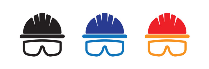 Set of three safety icons including a hard hat and safety glasses in black, blue, and red, isolated on transparent background