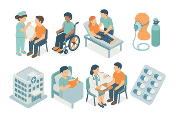 Healthcare services illustration with diverse patients and medical professionals