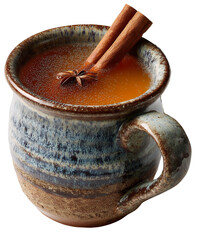 Ceramic mug filled with hot apple cider topped with cinnamon stick isolated on transparent background beverage