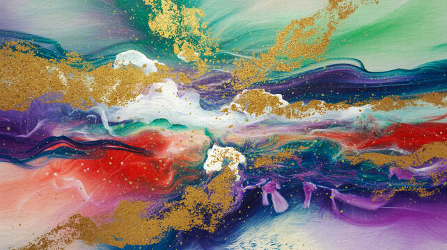 Swirling abstract fluid art with vibrant colors and shimmering gold accents acrylic pouring resin art - Powered by Adobe