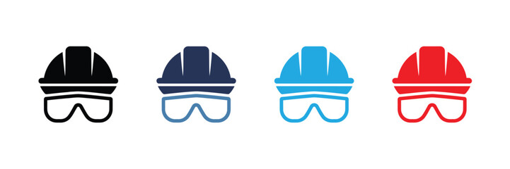 Set of four safety hard hats and goggles icons in black, navy blue, light blue, and red, isolated on transparent background